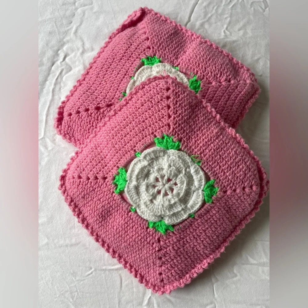Vintage Crochet Pink Decorative Pillow Flower Granny Square Handmade Pair Accent